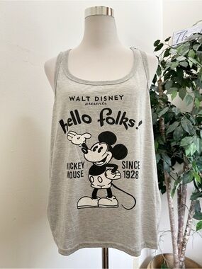 Disney 100 Mickey Mouse “Hello Folks!” Graphic Tank Top Gray Plus Size 2X 18W/20